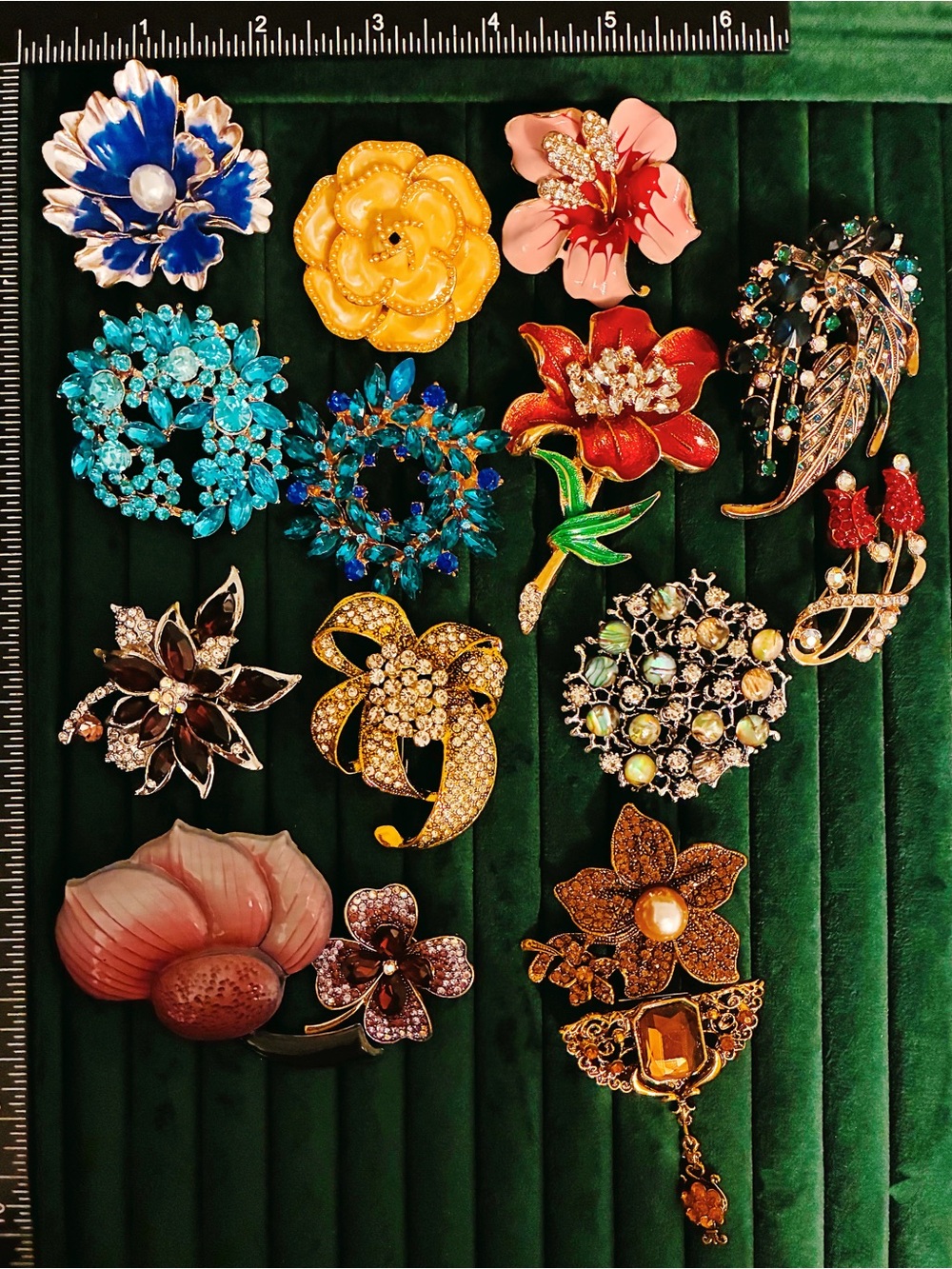 15pc Rhinestone Crystal Flower Brooch Pin Lot  Enamel Rose Tulip Mixed